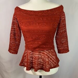 Bebe Orange Lace Floral Design Peplum Quarter Sleeve Top